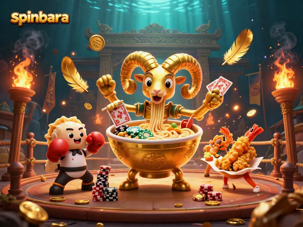 Engage with spinbara's dynamic gaming scene featuring a giant ramen bowl dealing cards and chips.