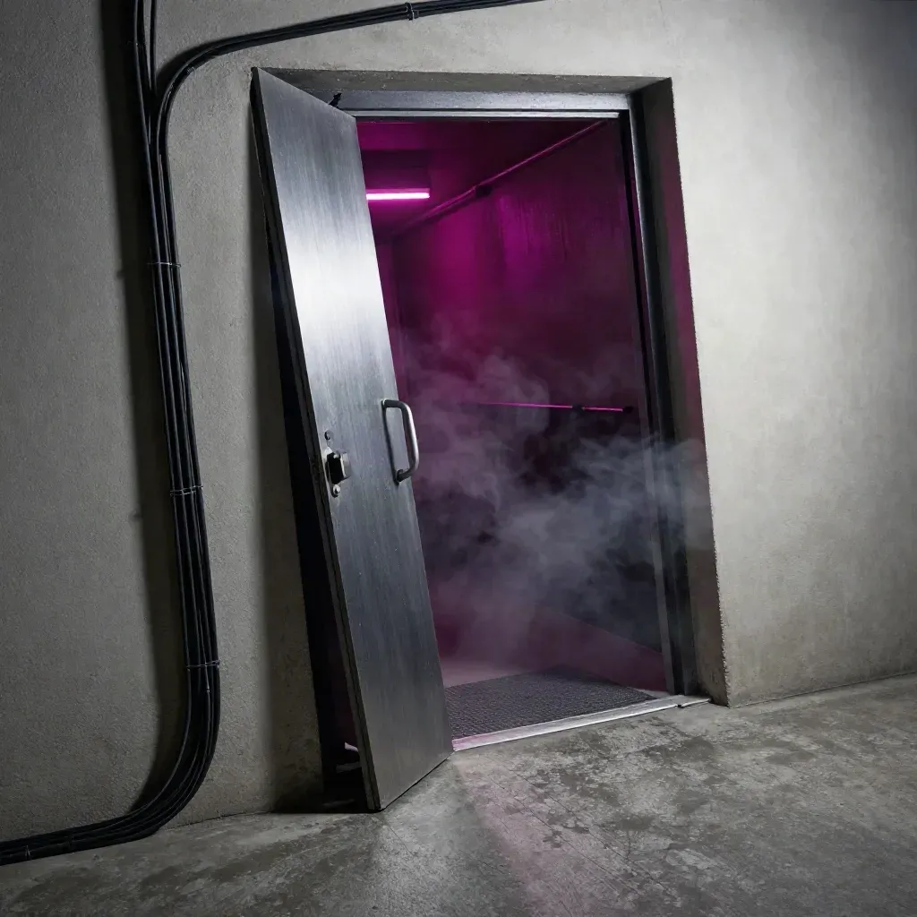 Entrada lateral vacía de una sala de música con neón magenta, humo tenue y puerta metálica