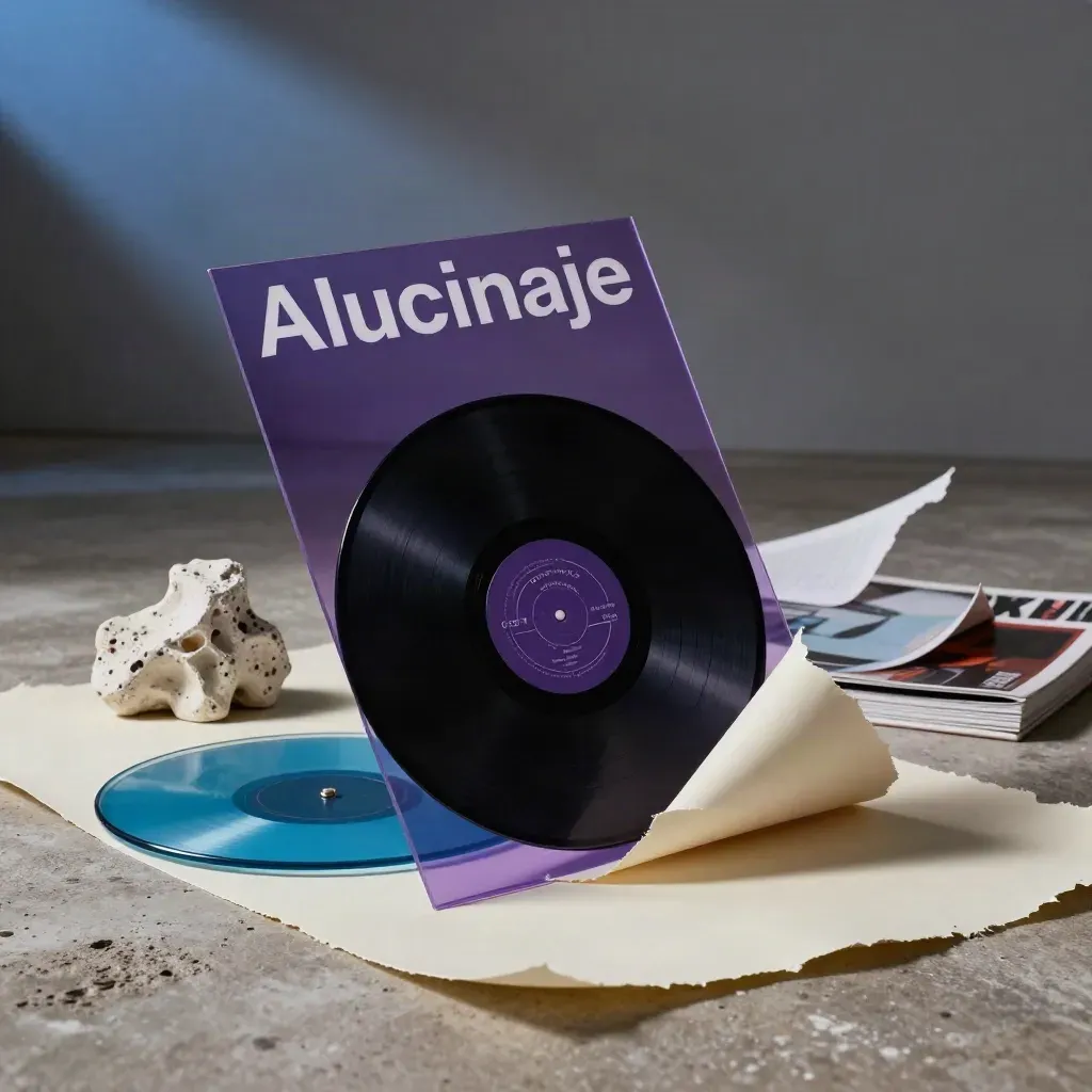 Montaje editorial con acetato violeta, papel crema, vinilo negro y vidrio cian en un estudio.