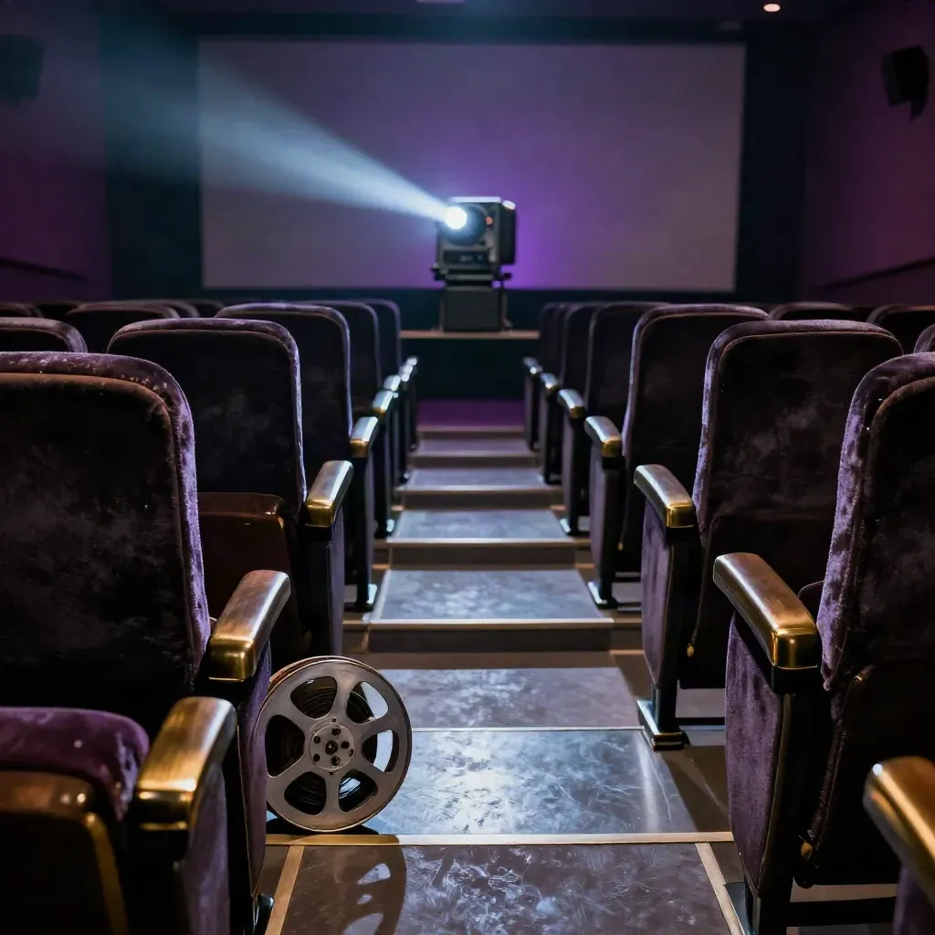 Fila vacía de butacas, proyector antiguo y haz de luz violeta en un cine.