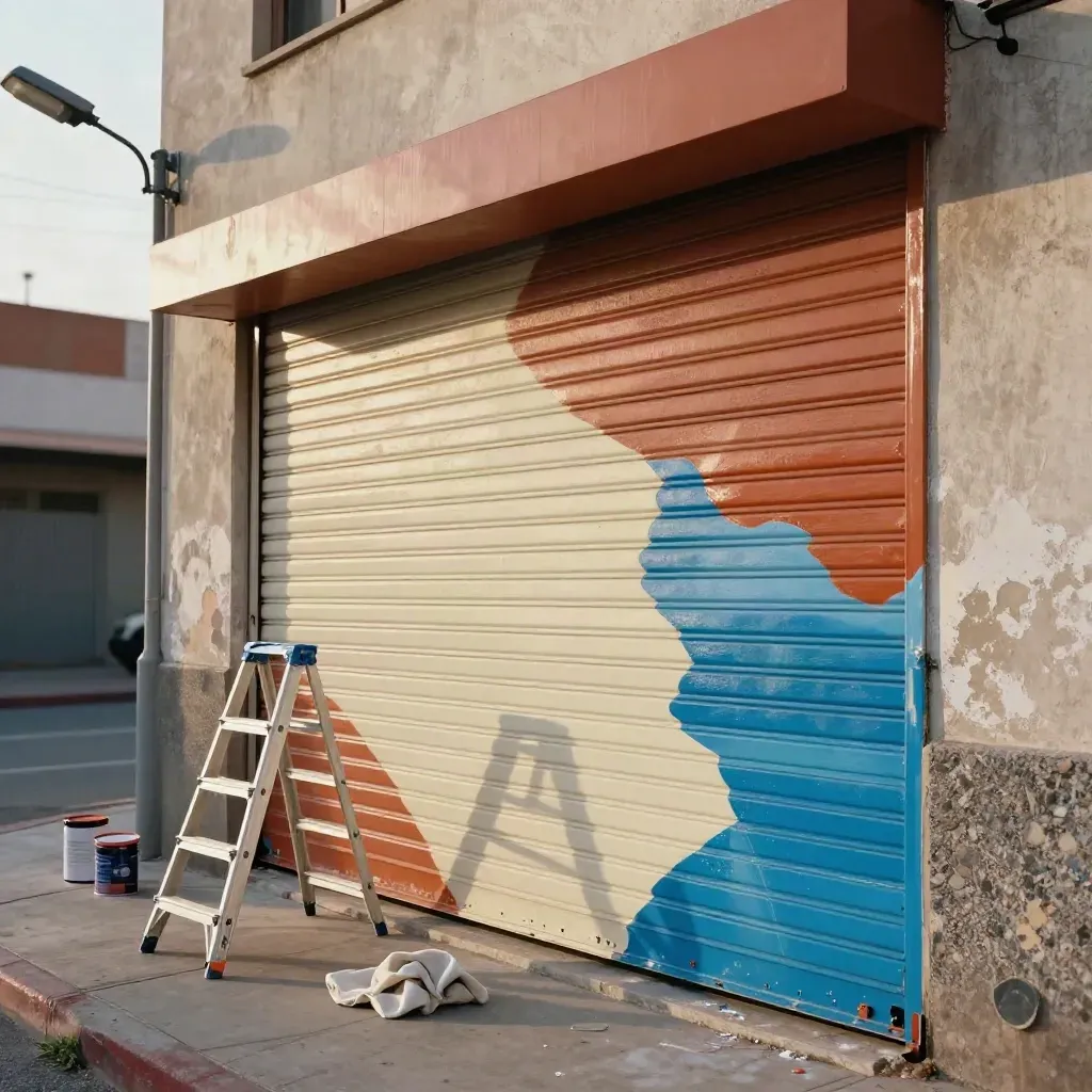 Persiana metálica con mural en proceso, escalera, botes de pintura y una farola en tarde polvorienta.