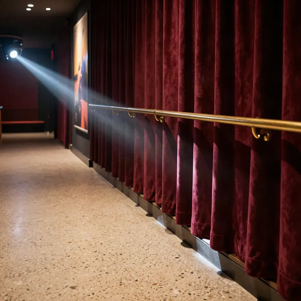 Vestíbulo de cine con suelo de terrazo, cortinas pesadas y haz de proyector con polvo.