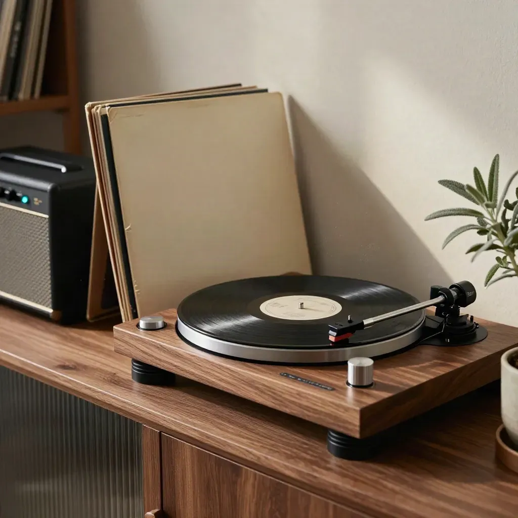 tocadiscos de madera con vinilos, amplificador y planta pequeña en luz cálida