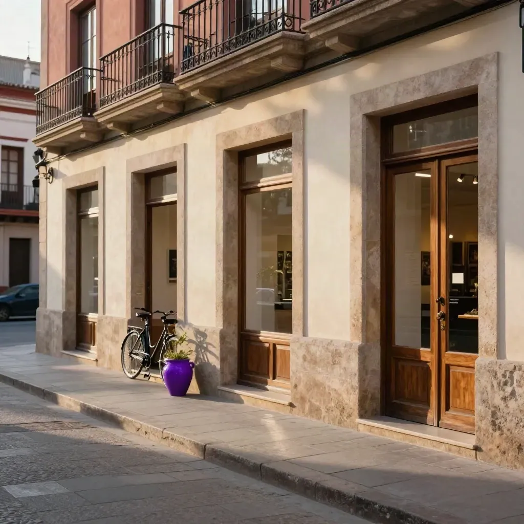 Tres galerías de barrio con una bici, piedra clara y sombras suaves al atardecer.