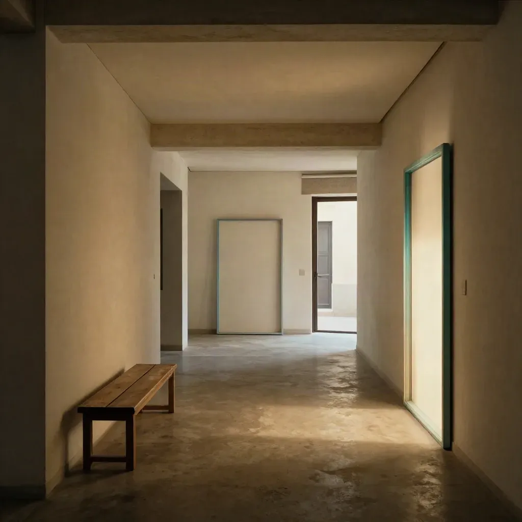 Galería pequeña con tres salas en fila, suelos de hormigón y luz cálida entrando desde el fondo.