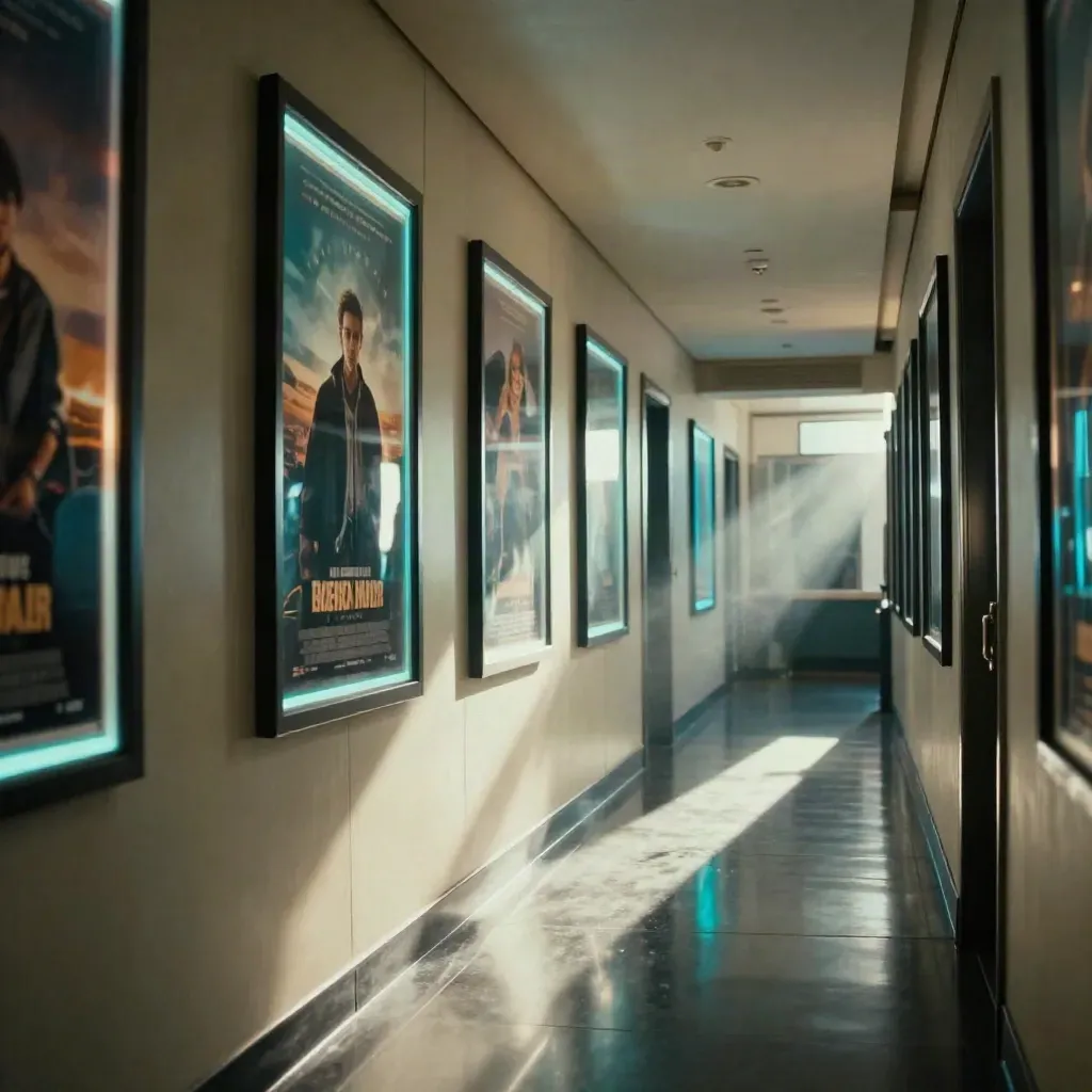 Pasillo de cine con carteles enmarcados, reflejos cian y suelo pulido en penumbra.
