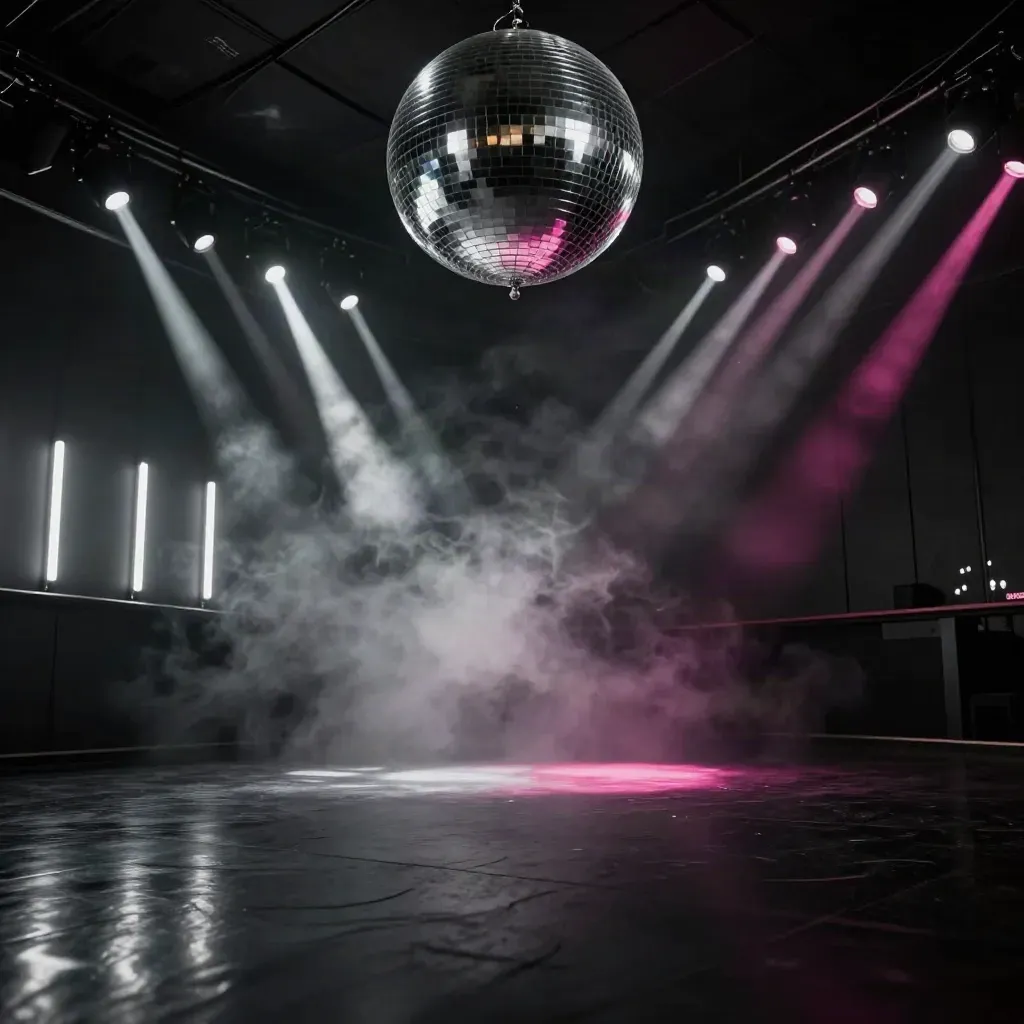 Discoteca vacía con bola de espejos, luces magenta y niebla densa sobre la pista.