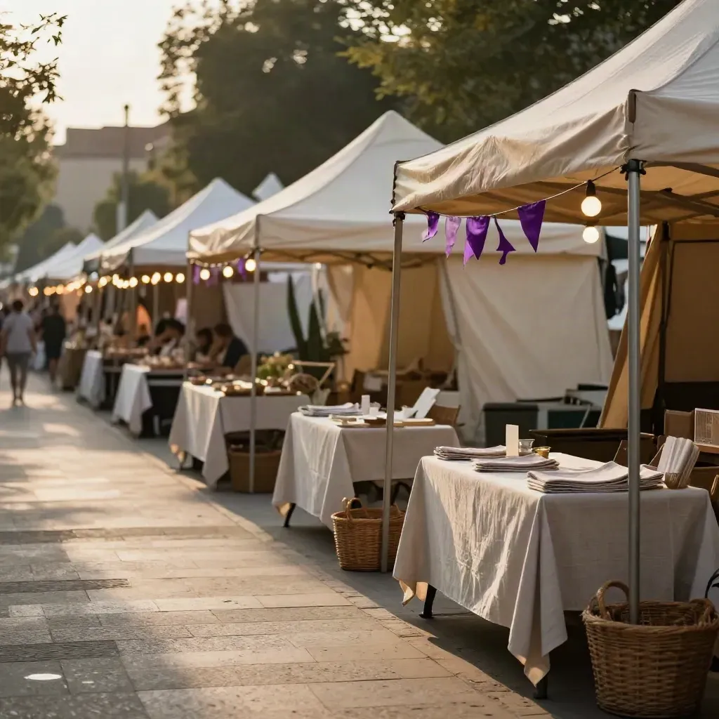 Feria al aire libre al anochecer con guirnaldas de luz y carpas neutras sobre pavimento claro.