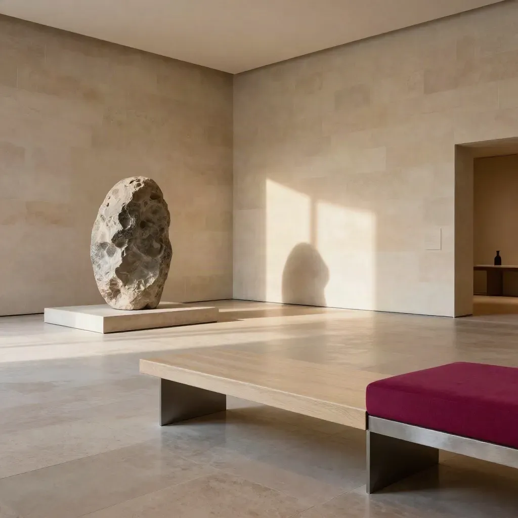 Sala vacía de museo con escultura de piedra y luz tamizada desde una esquina elevada.