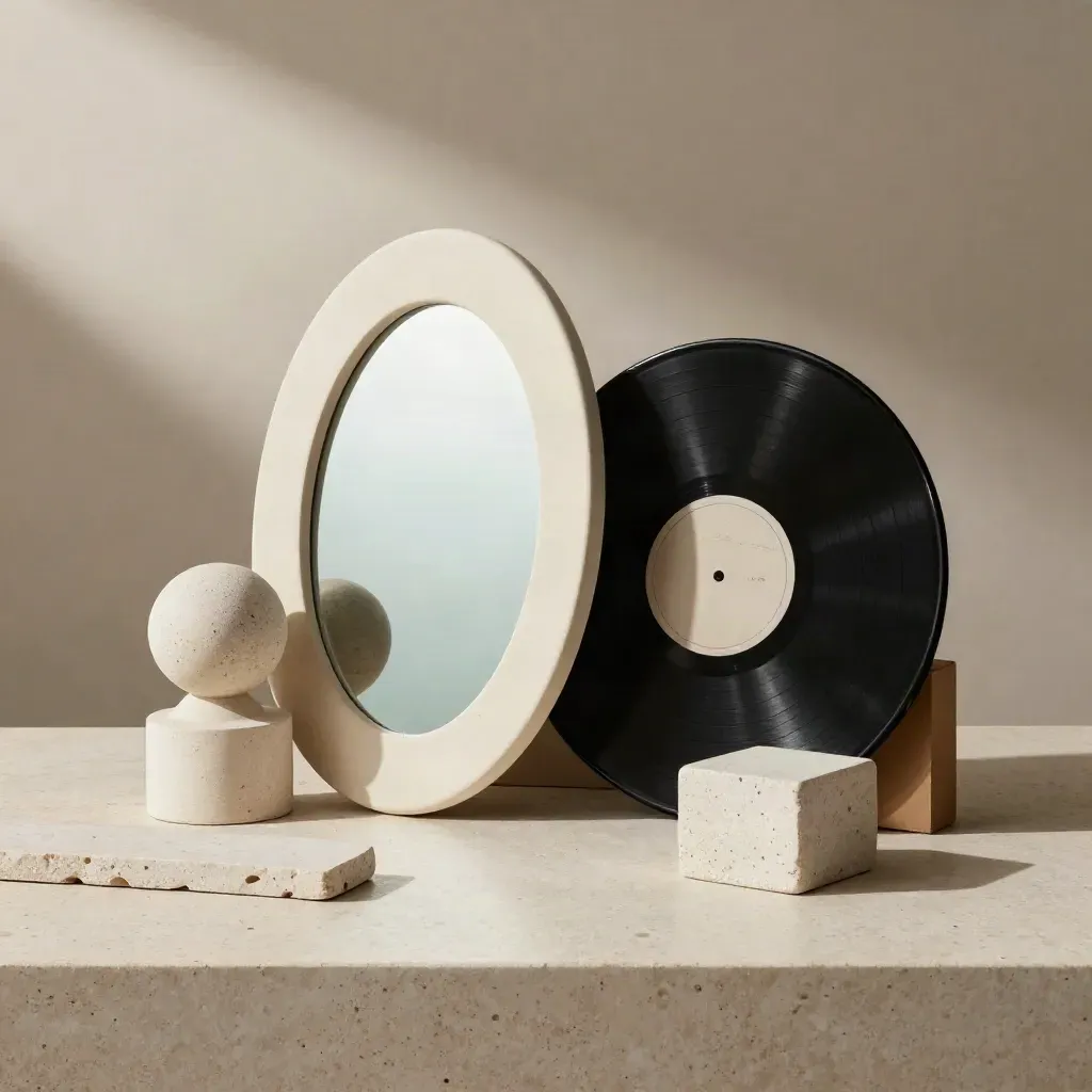 Montaje pop con espejo ovalado, vinilo negro y bloques geométricos sobre piedra clara.