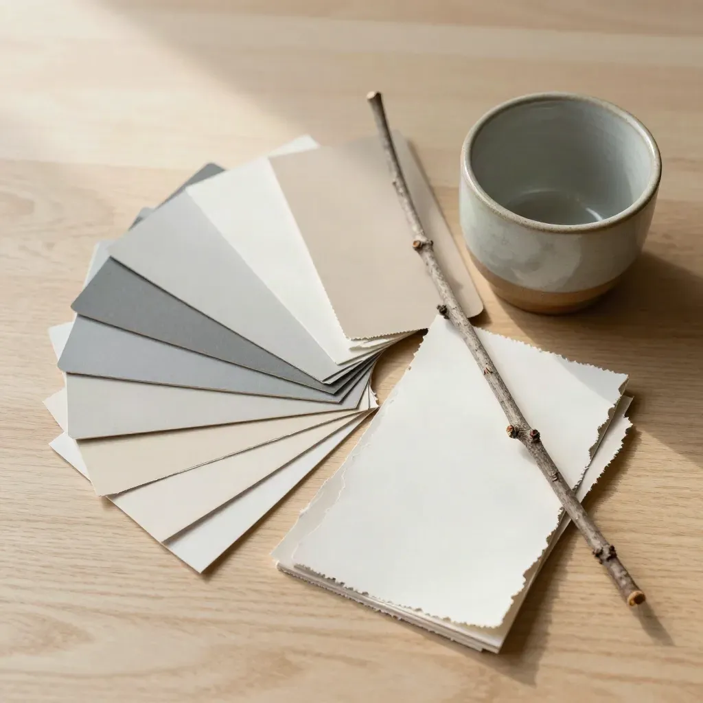 Tarjetas de color, recortes de papel y vaso cerámico sobre madera clara, en vista cenital.