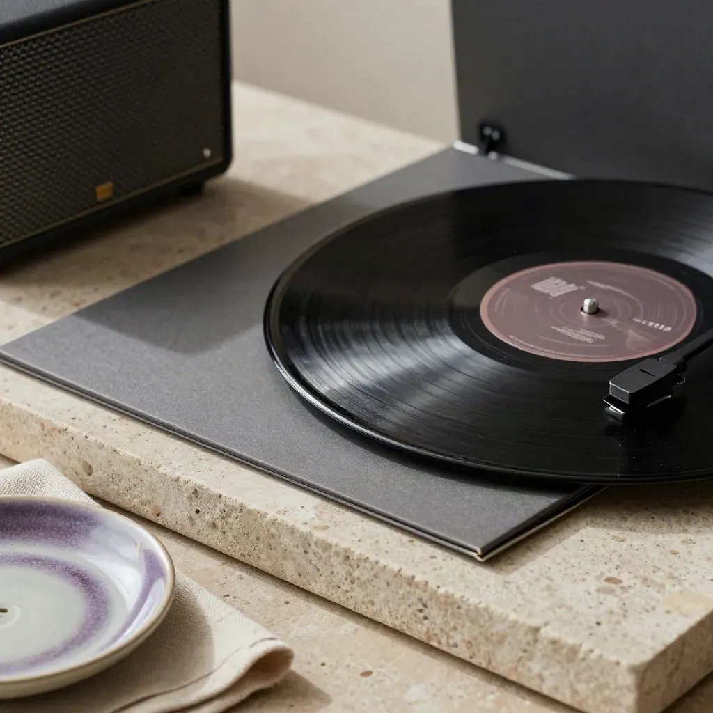 Vinilo negro con funda abierta, altavoz, lino y cerámica sobre bandeja de piedra.