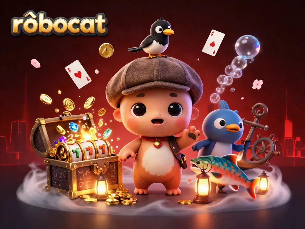 Join the robocat adventure with a playful Nessie and gold coins in this vibrant casino scene.