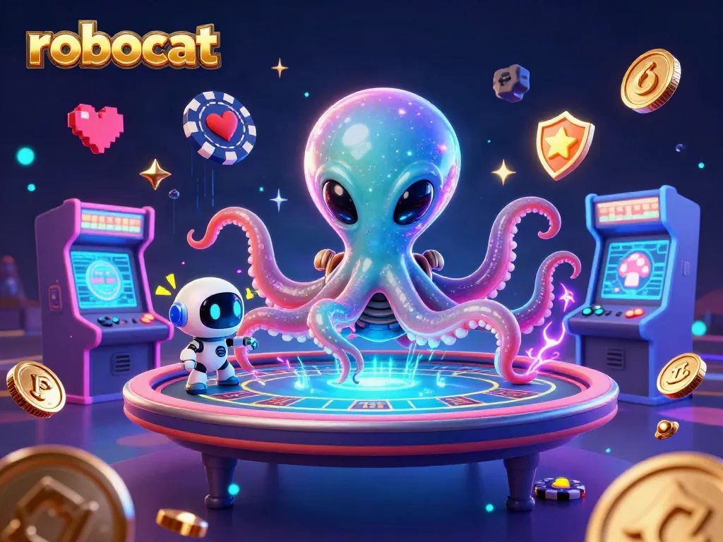 robocat showcases a vibrant casino with a holographic poker table and vibrant game elements.