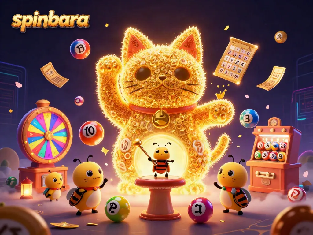 Engage with spinbara’s vibrant atmosphere featuring a lucky cat and dynamic casino symbols.