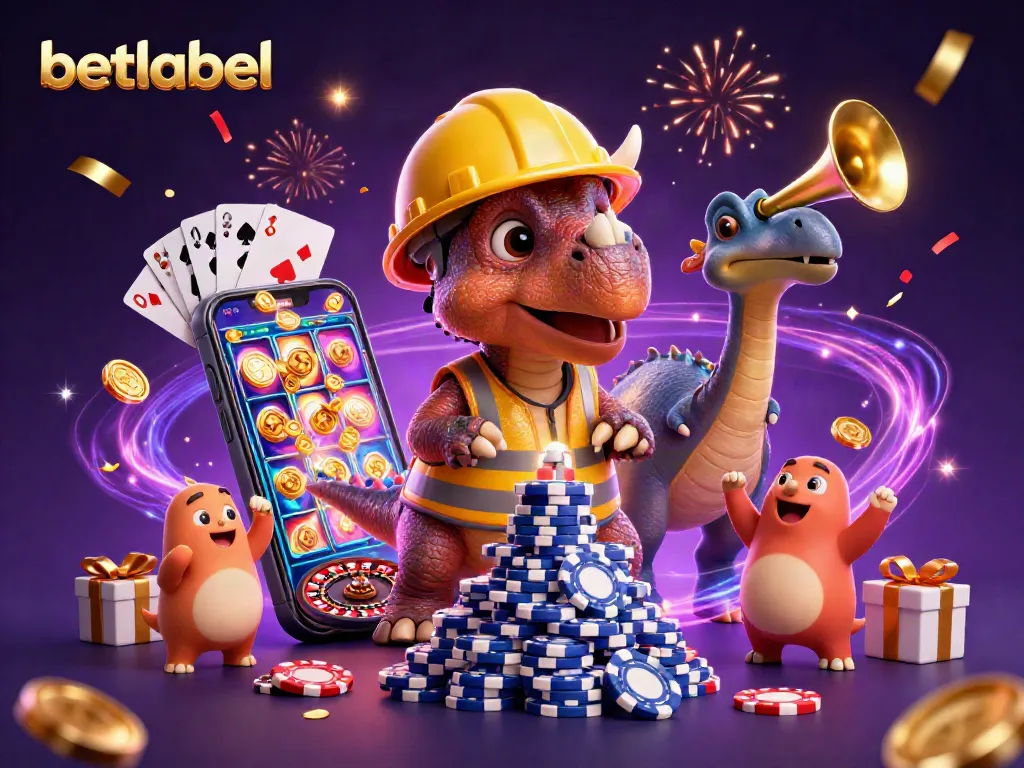 Experience the excitement at BetLabel with a festive triceratops building poker chip towers amidst gaming chaos.