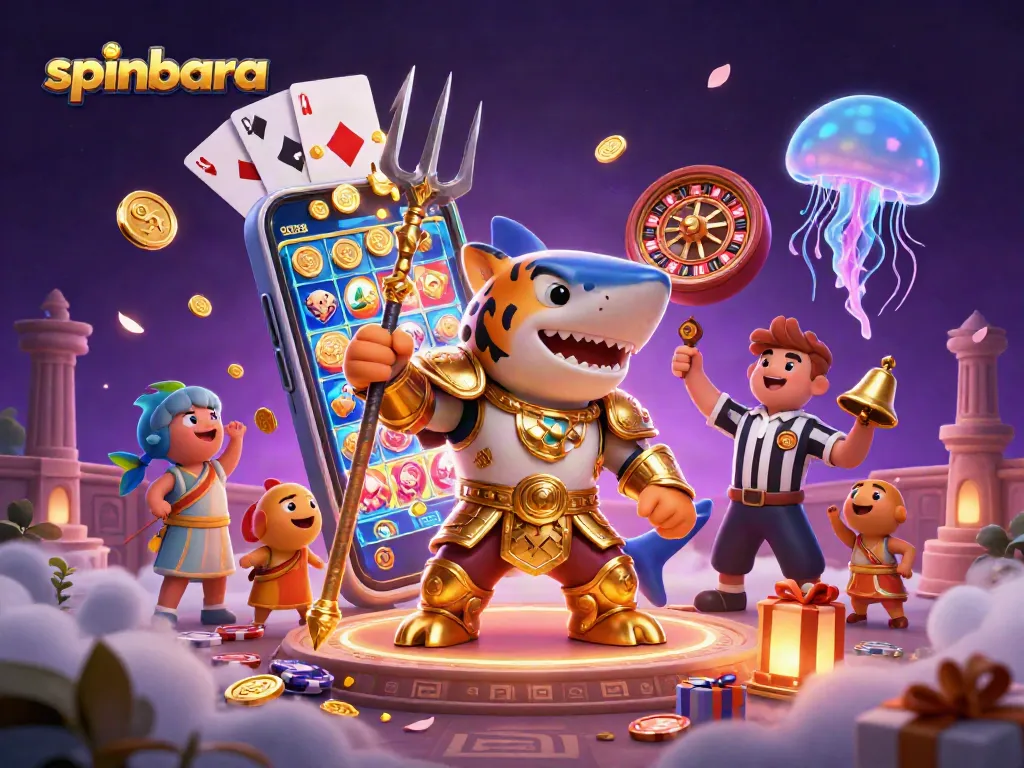 Experience thrilling gameplay at Spinbara Casino with vibrant slot games and energetic characters in a dynamic scene.